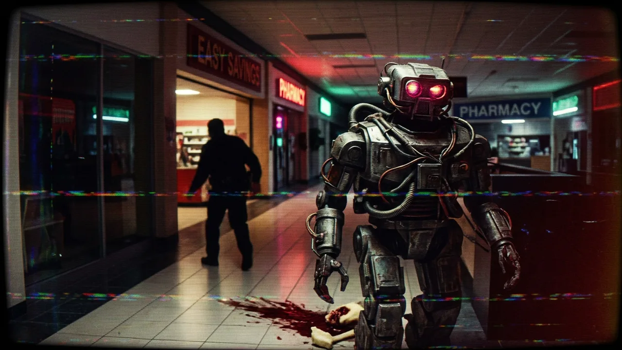 Illustrated horror cover art for the article "CHOPPING MALL Gets An Official Novelization. The Killbots Get An Interior Life."