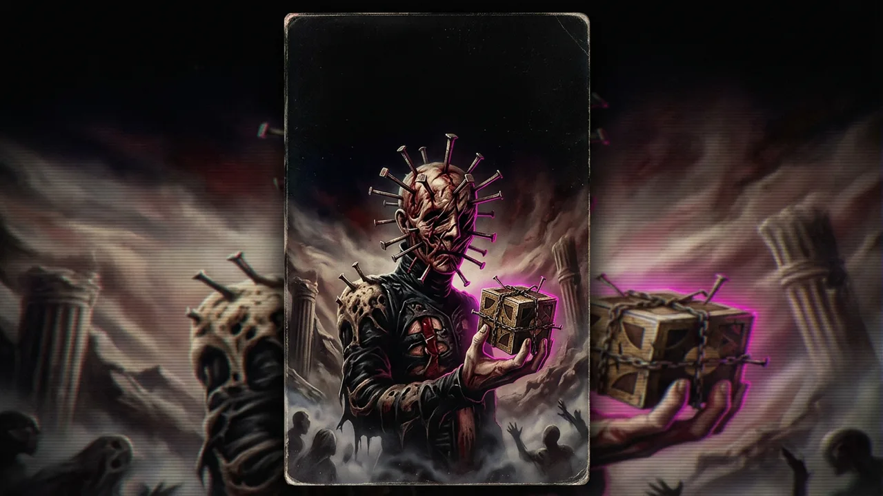 Illustrated horror cover art for the article "Another Hellraiser remake reportedly exhumes Pinhead, again"